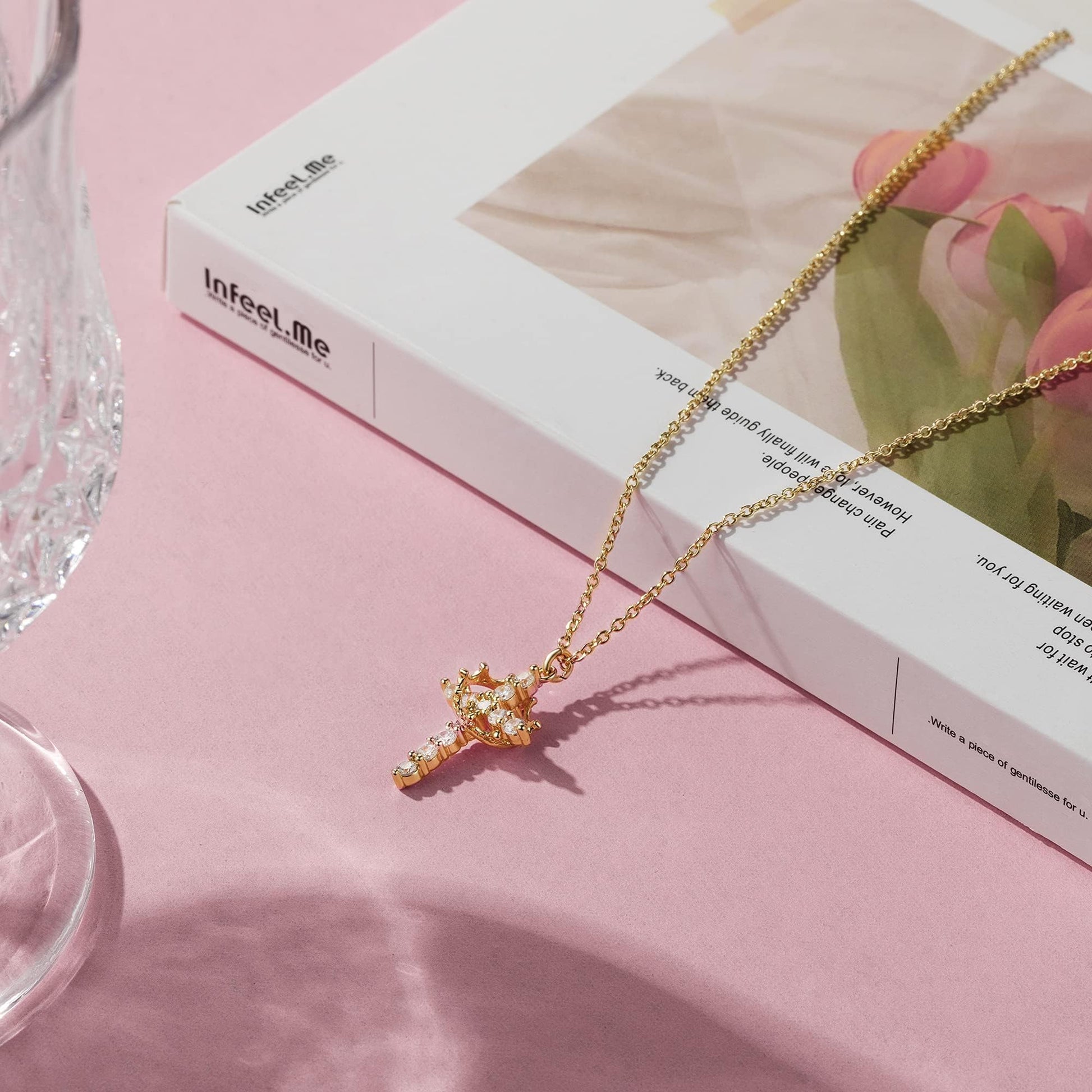 Elegant 14K Gold Crown Cross Pendant Necklace suitable for special occasions