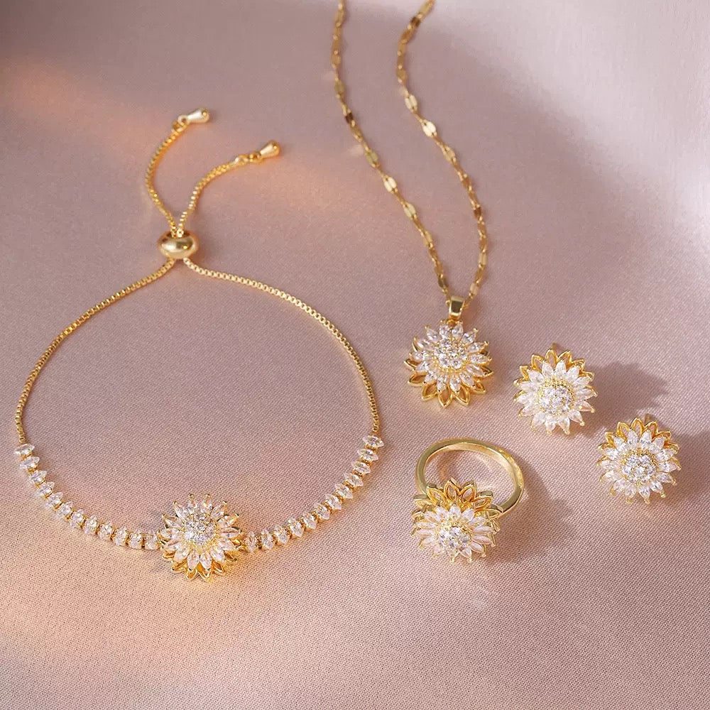 Sunflower Mood Jewelry Set featuring rotatable sunflower design on necklace, bracelet, earrings, and ring
