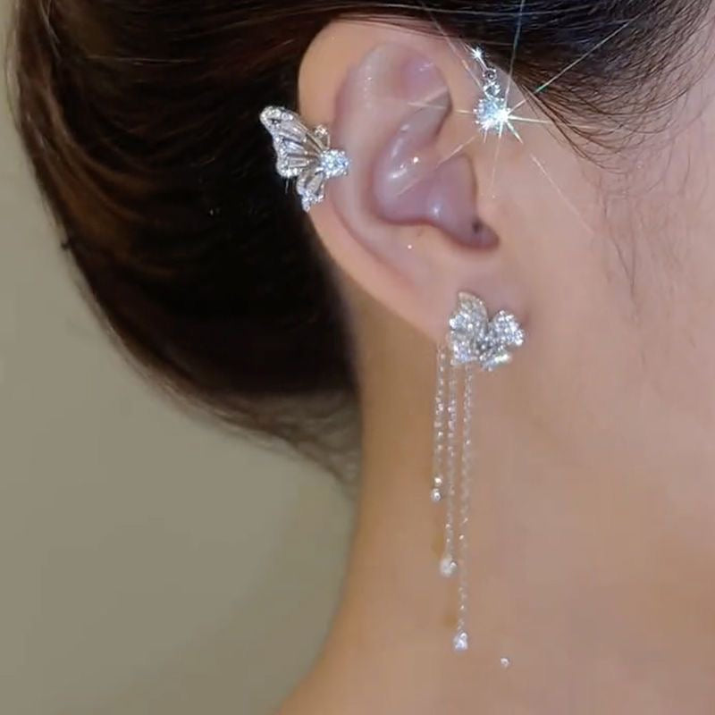 Model wearing Graceful Butterfly Ear Cuffs with tassel design
