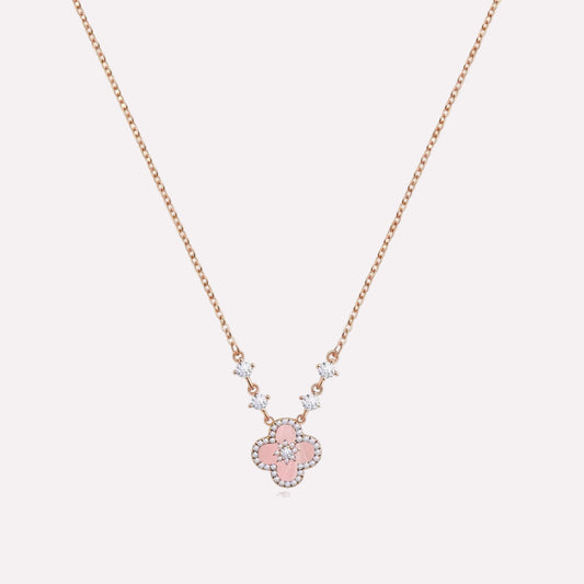 Sakura Cleef Necklace pink four-leaf clover pendant alloy 5A+ cubic zirconia