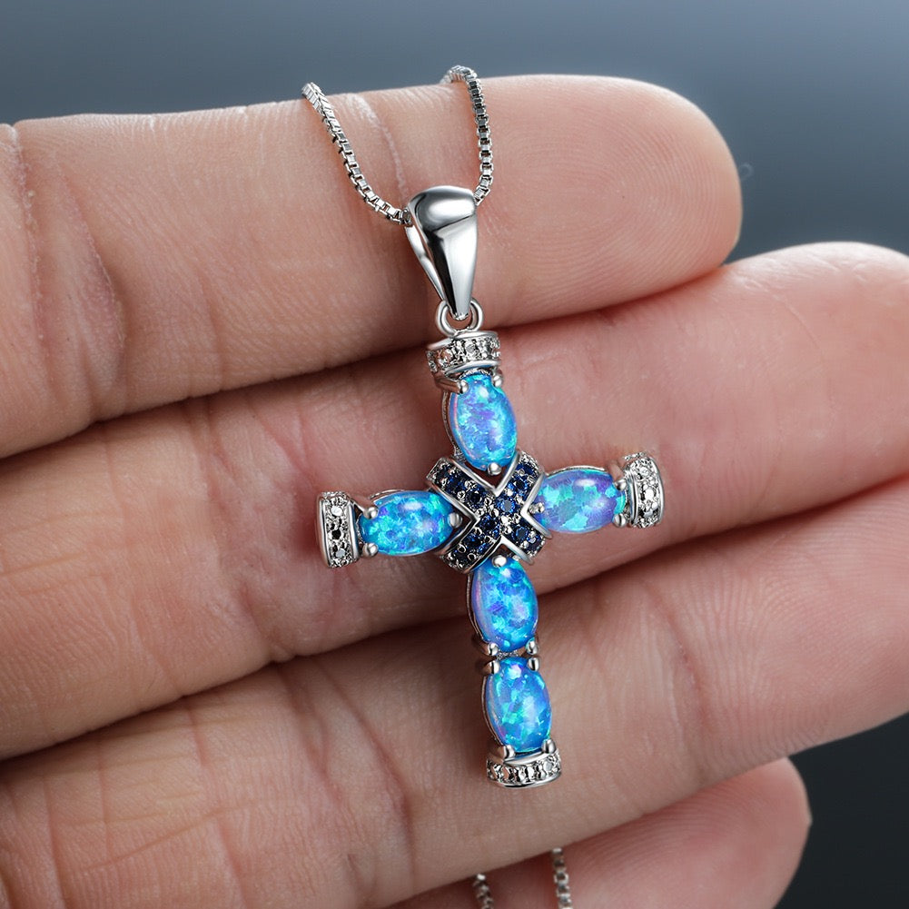 18K Gold Plated Opal Cross Pendant Necklace with Chain | CotaJewelry