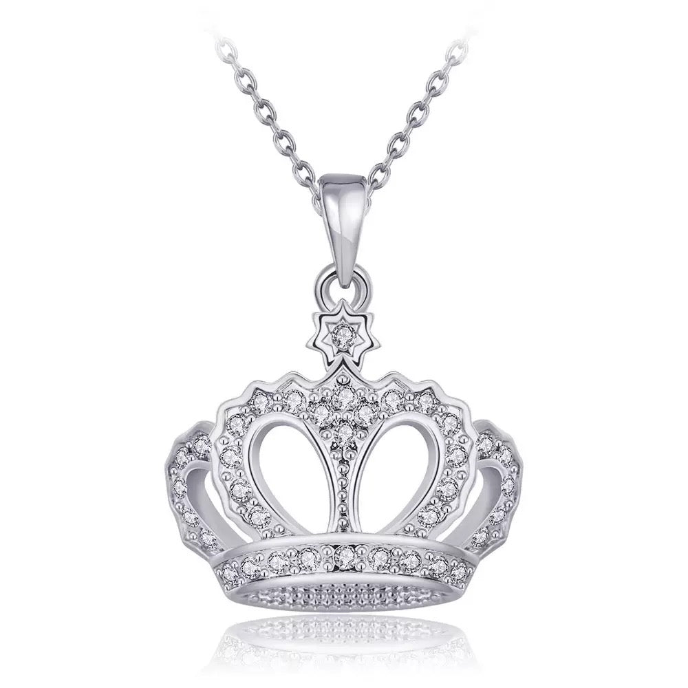 Silver-tone crown pendant necklace with elegant cubic zirconia detailing