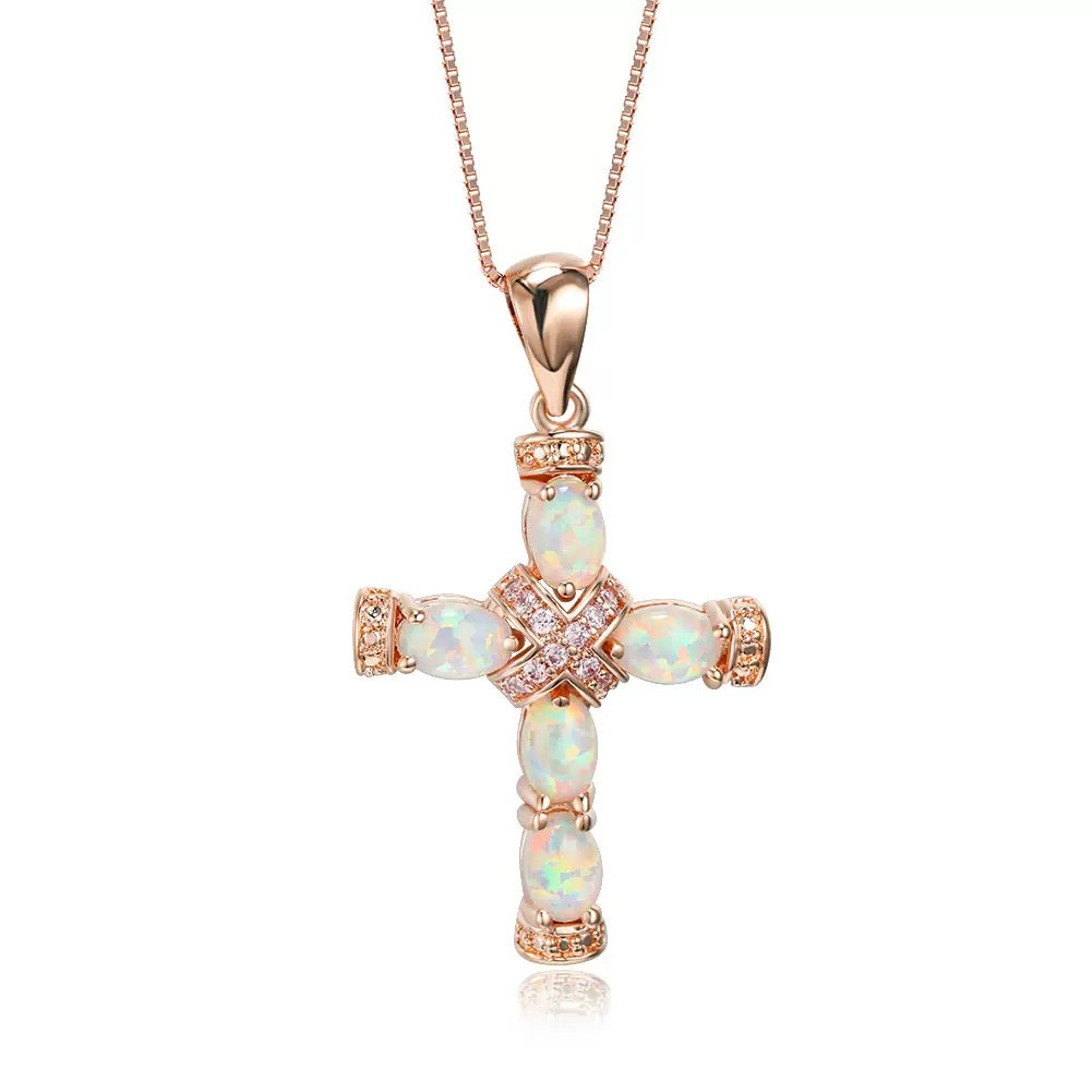18K Gold Plated Opal Cross Pendant Necklace with Chain | CotaJewelry