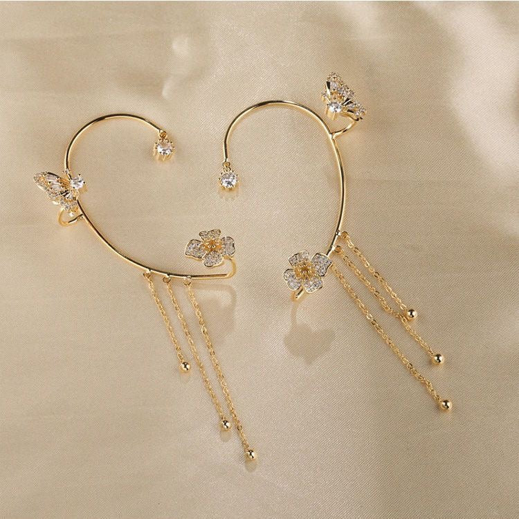 Silver Tassel Butterfly Ear Cuffs with celestial star and moon details