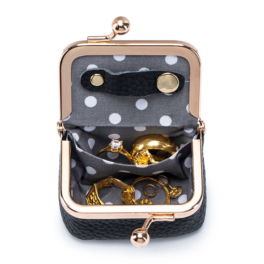 Interior view of Genuine Leather Mini Jewelry Box with soft lining and compartments for rings and earrings