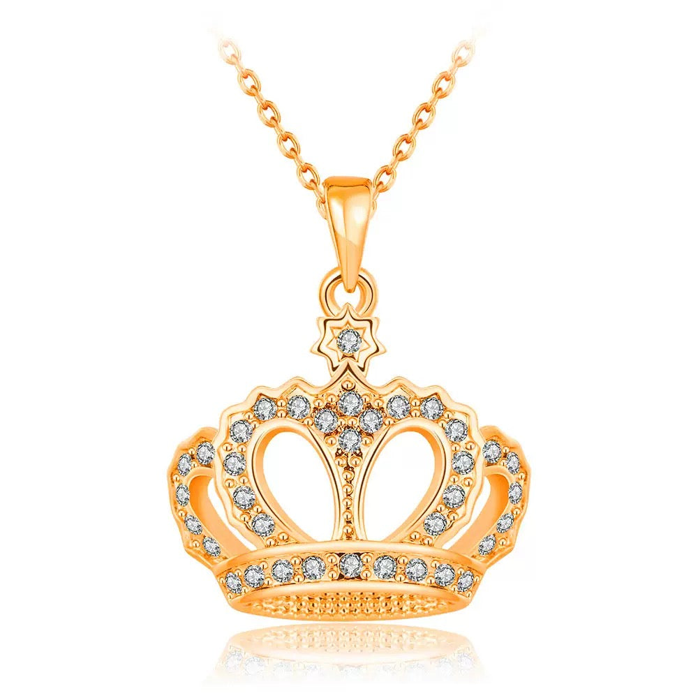 18K gold plated crown pendant necklace with cubic zirconia stones