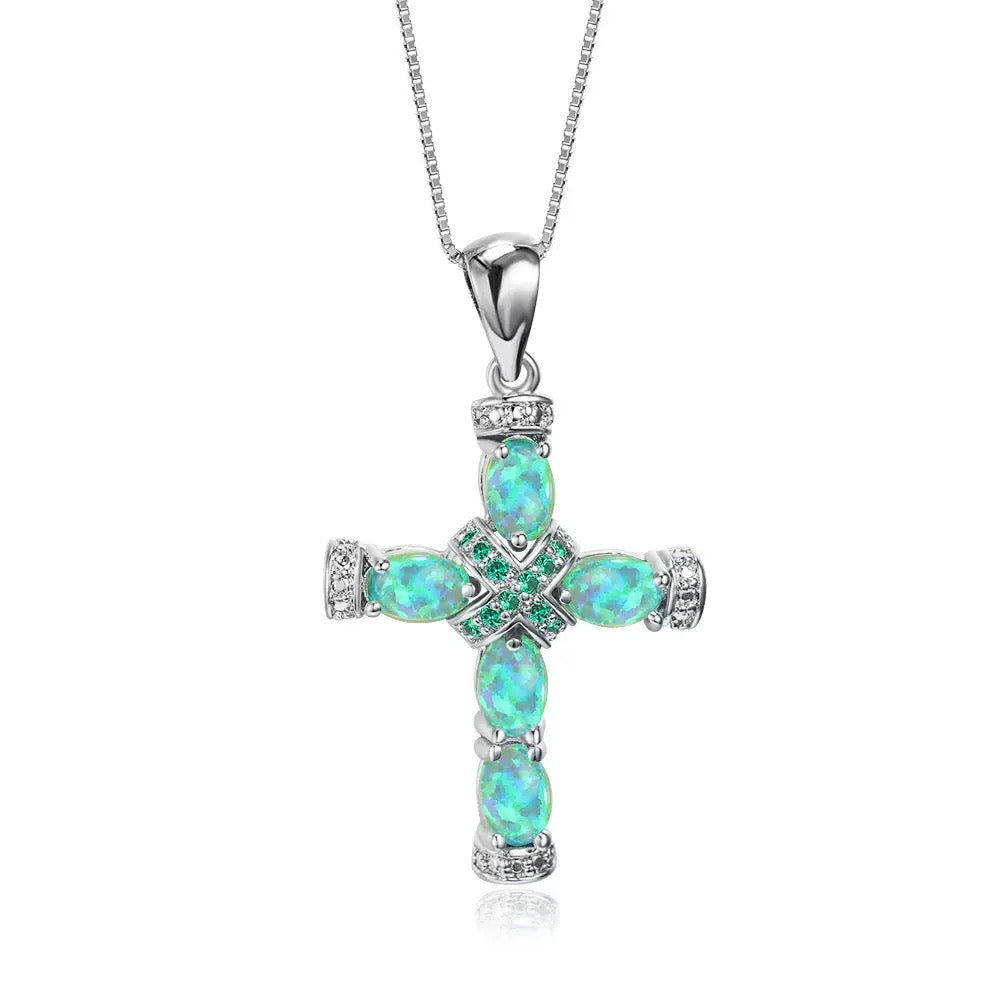 18K Gold Plated Opal Cross Pendant Necklace with Chain | CotaJewelry