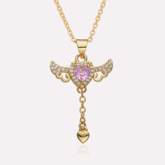 Angel Wing Necklace with movable pendant and cubic zirconia inlay