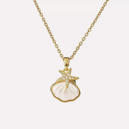 Starfish and seashell pendant necklace made of stainless steel with ocean-inspired design