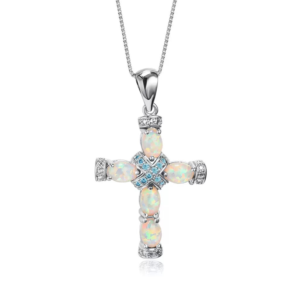 18K Gold Plated Opal Cross Pendant Necklace with Chain | CotaJewelry
