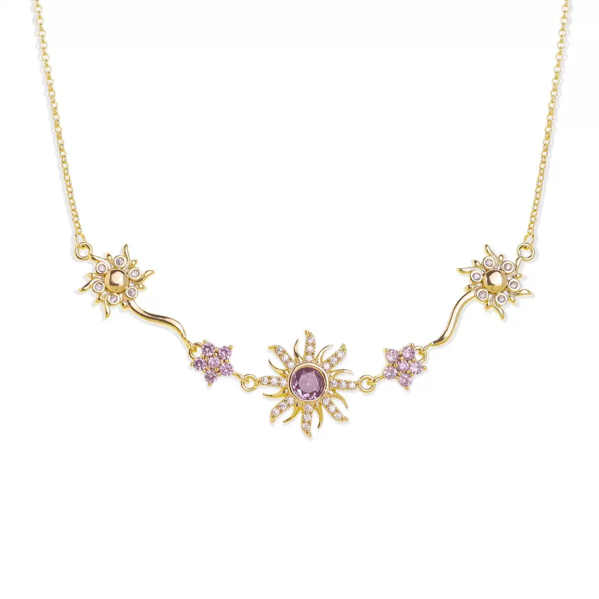 Fairy Tale Sunflower Necklace with purple crystal rhinestone pendant
