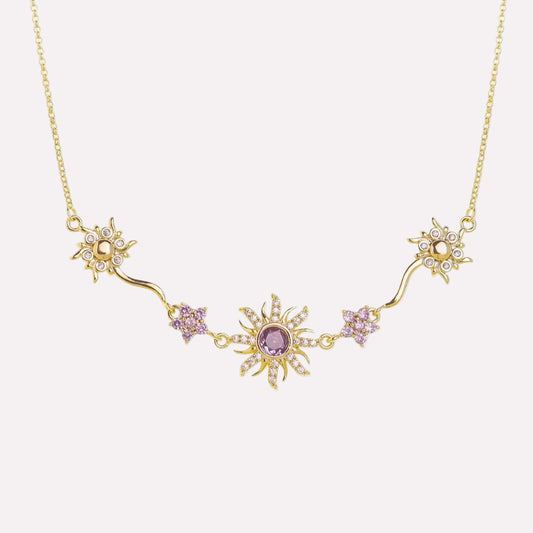 Fairy Tale Sunflower Necklace with purple crystal rhinestone pendant