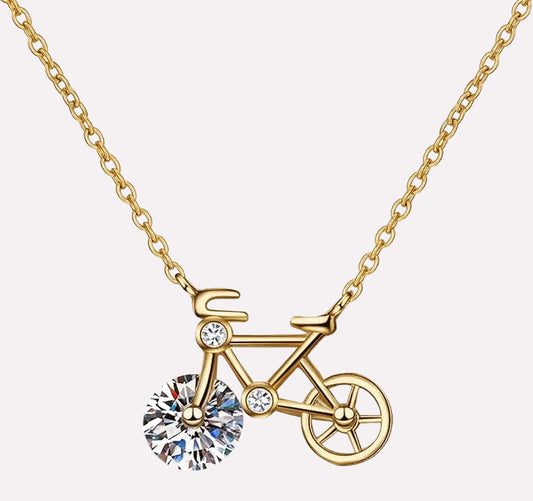Bicycle Necklace with spinning front wheel and 1-carat moissanite in gold finish