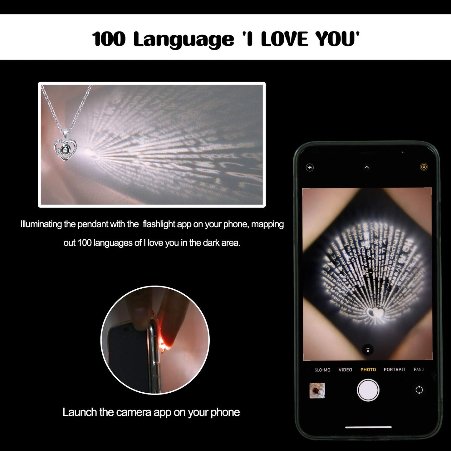 Projection necklace showing I love you in 100 languages