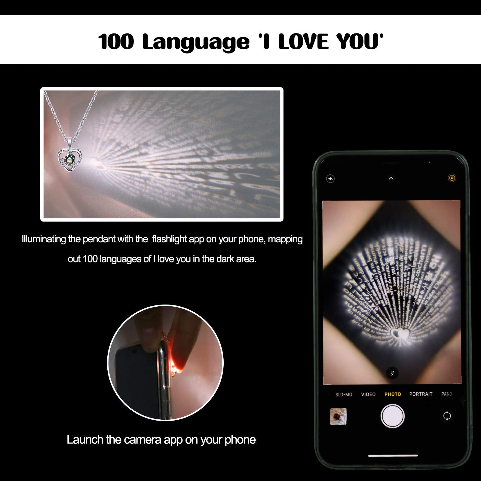 Projection necklace showing I love you in 100 languages