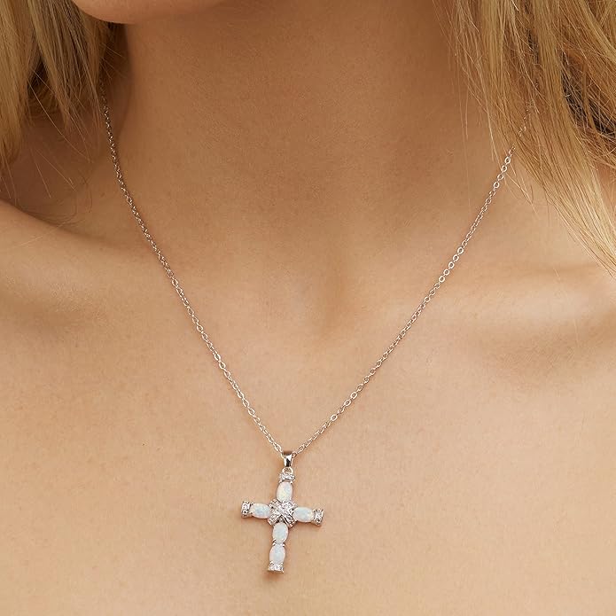 18K Gold Plated Opal Cross Pendant Necklace with Chain | CotaJewelry