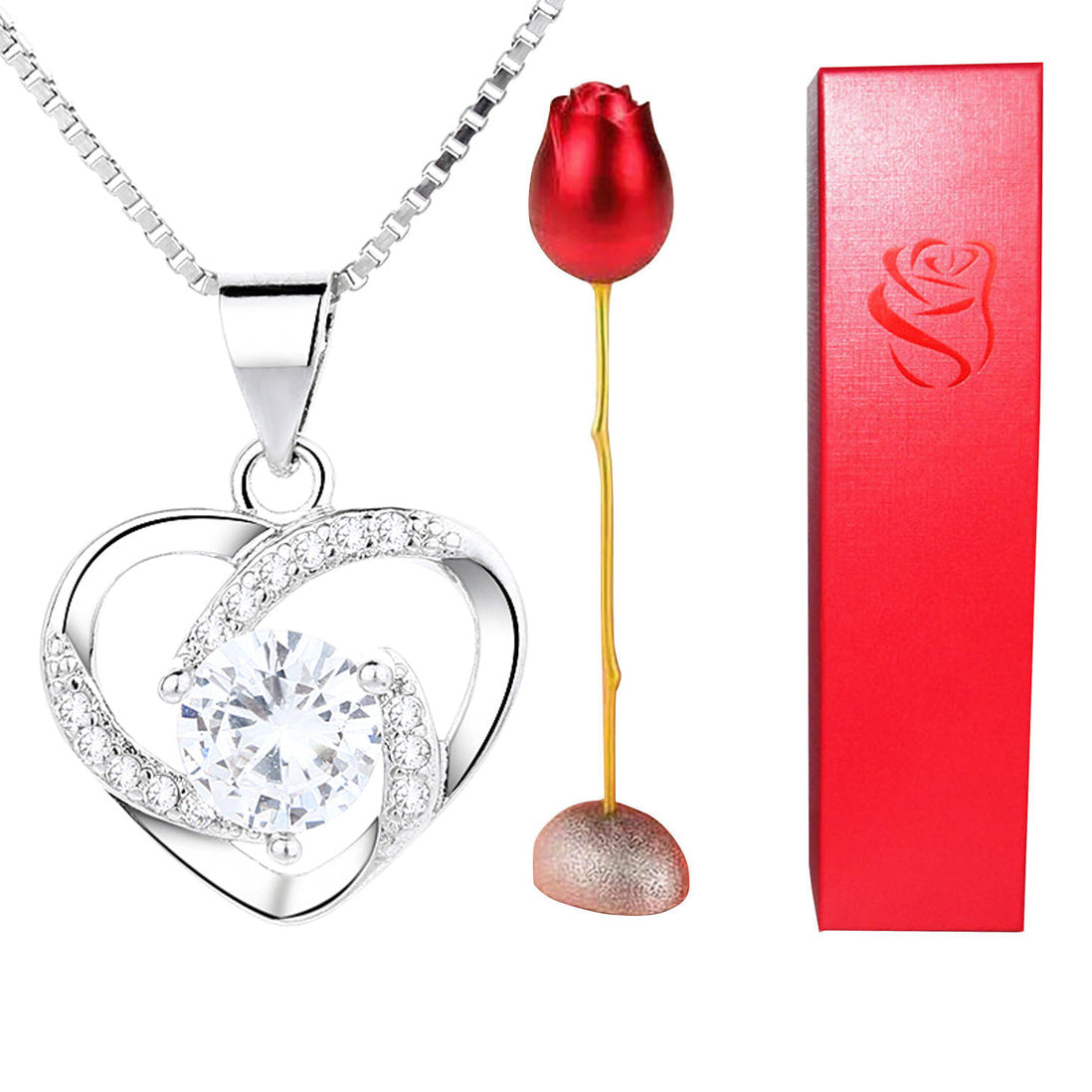 Forever Rose heart necklace gift set with artificial rose