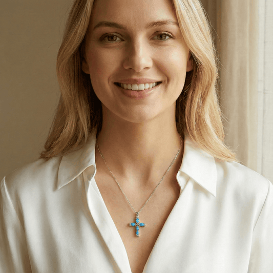 Model wearing 18K gold plated opal cross necklace, dainty cross pendant for everyday elegance