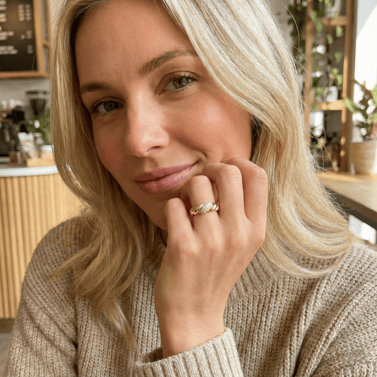 Model wearing Twilight Vine Ring showcasing elegant vine motif and adjustable band