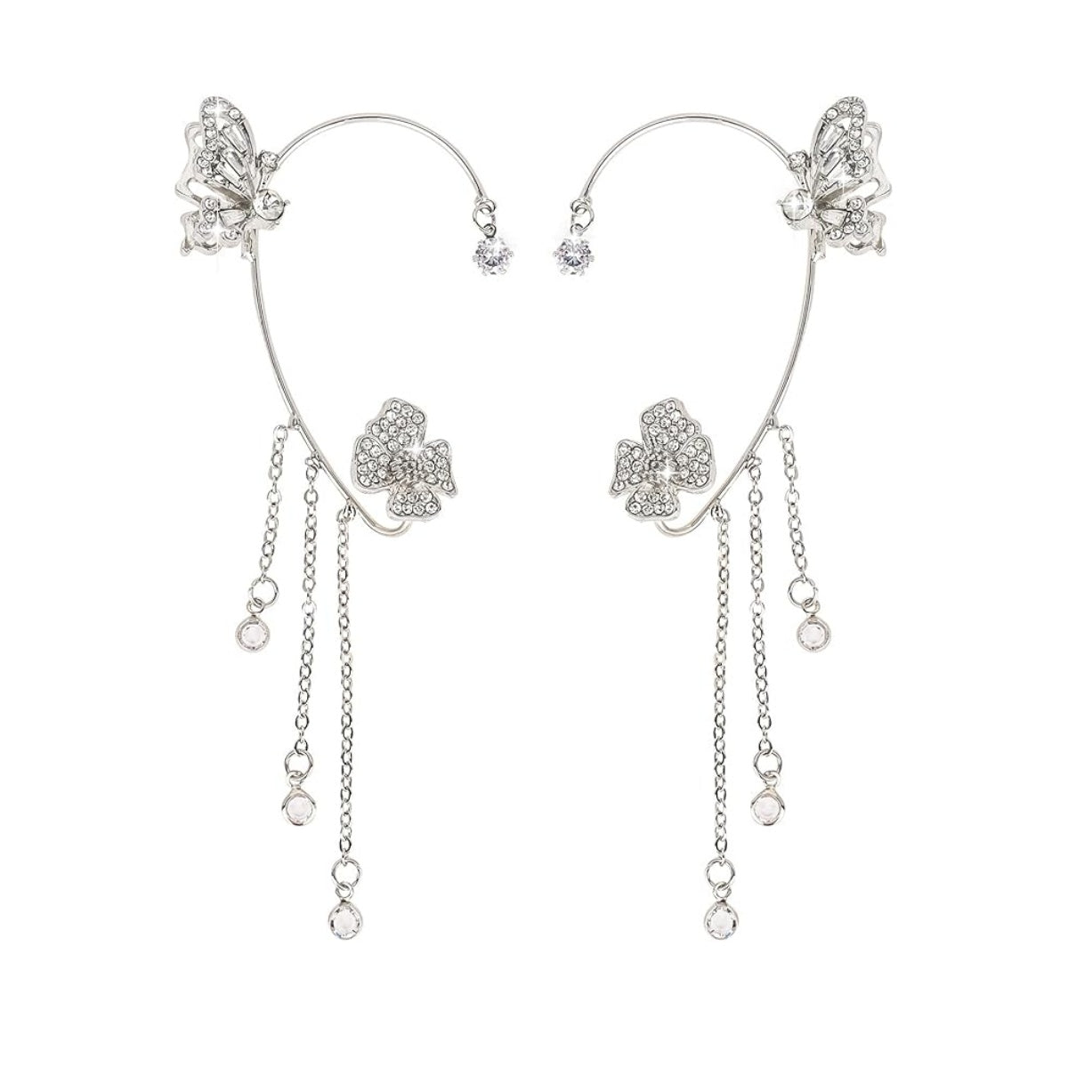 Model wearing Tassel Butterfly Ear Cuffs with celestial stars and moon design