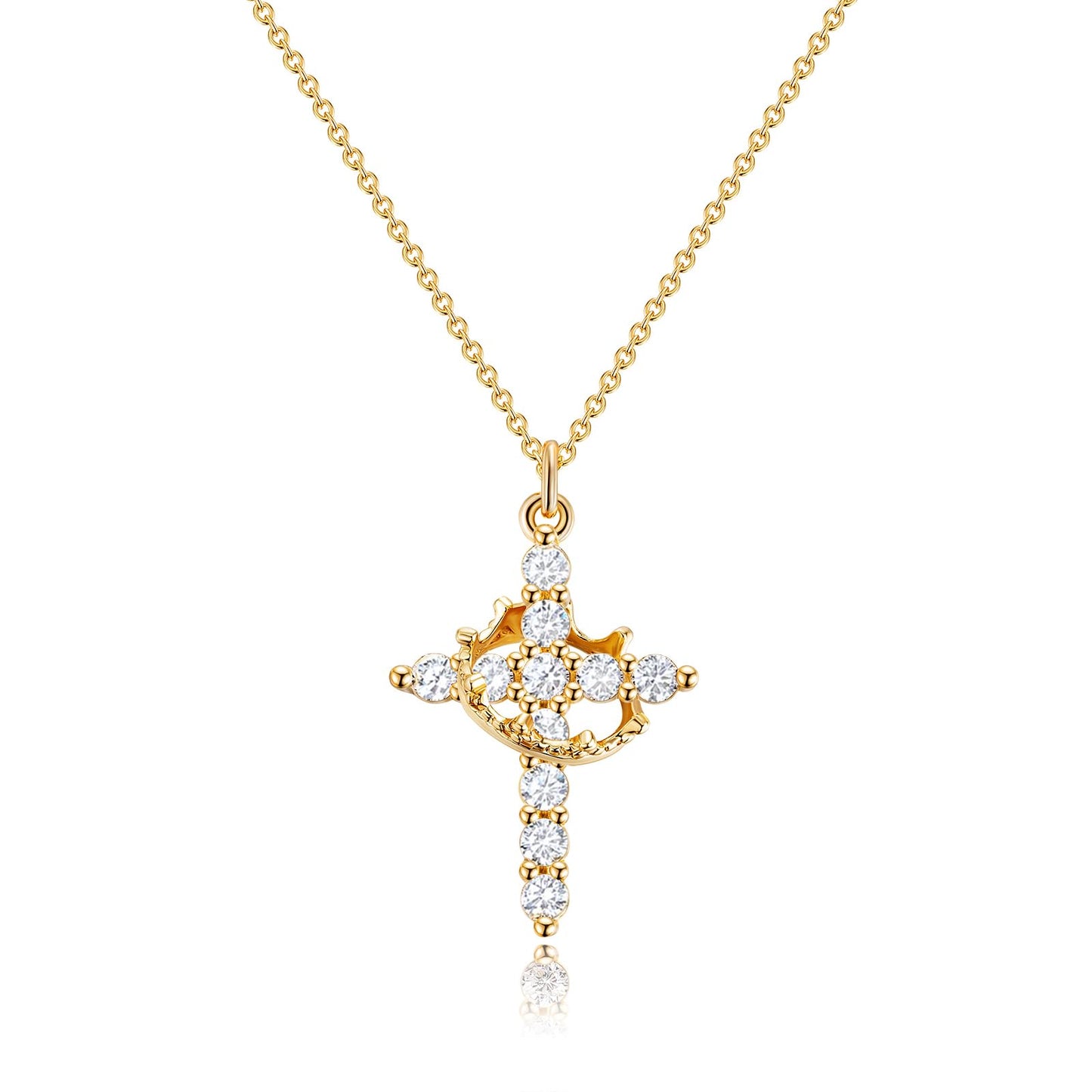 14K Gold Crown Cross Pendant Necklace showcasing regal crown and cross design