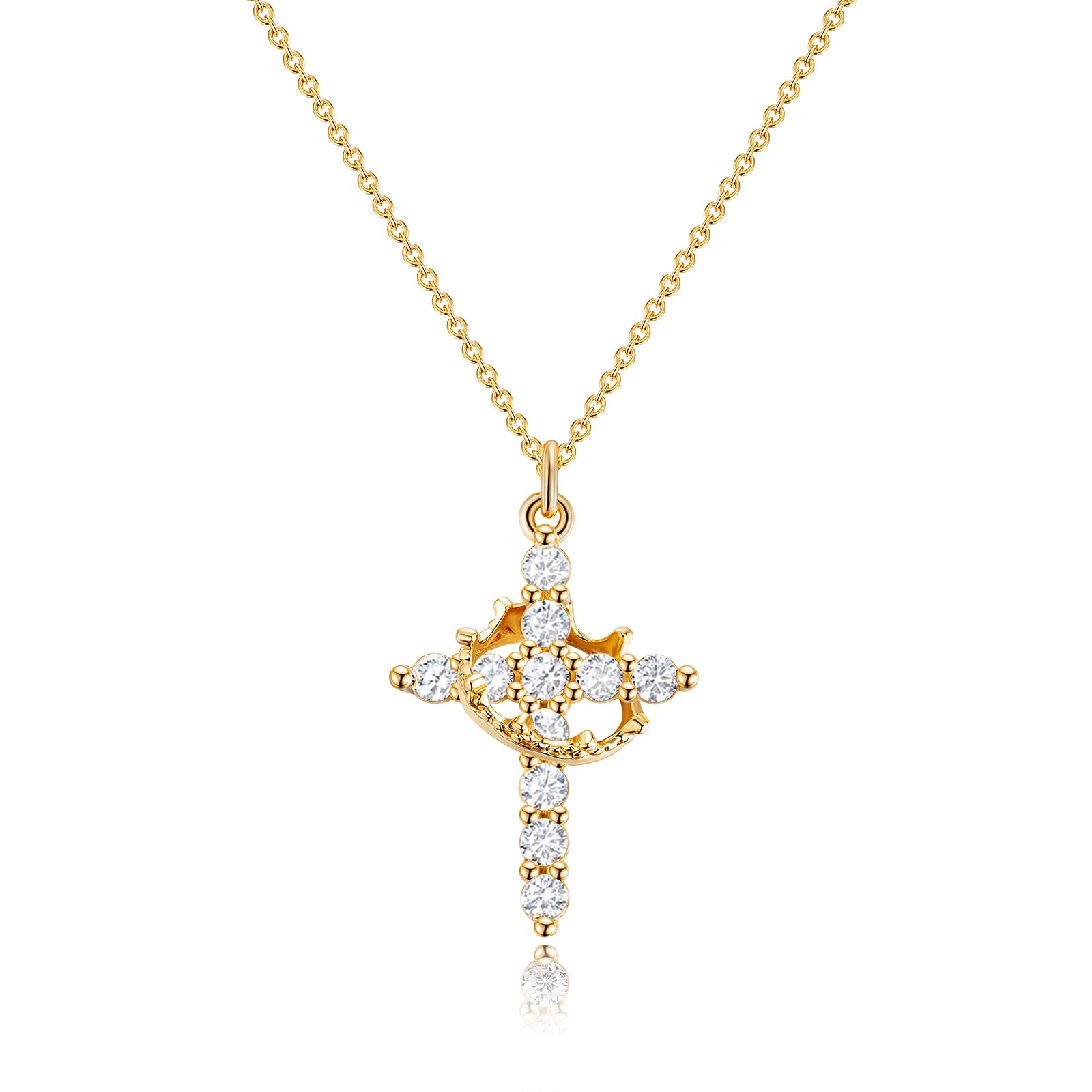 14K Gold Crown Cross Pendant Necklace showcasing regal crown and cross design