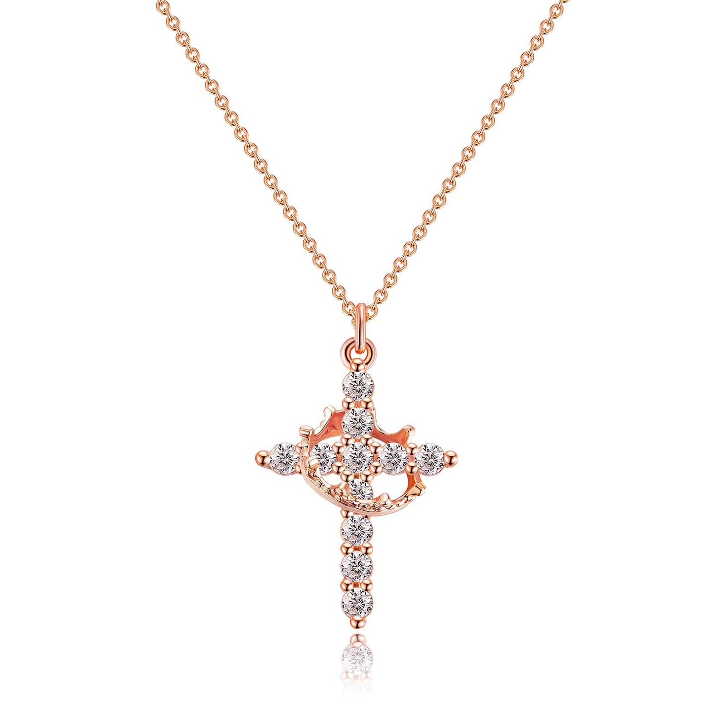 14K Gold Crown Cross Pendant Necklace showcasing regal crown and cross design