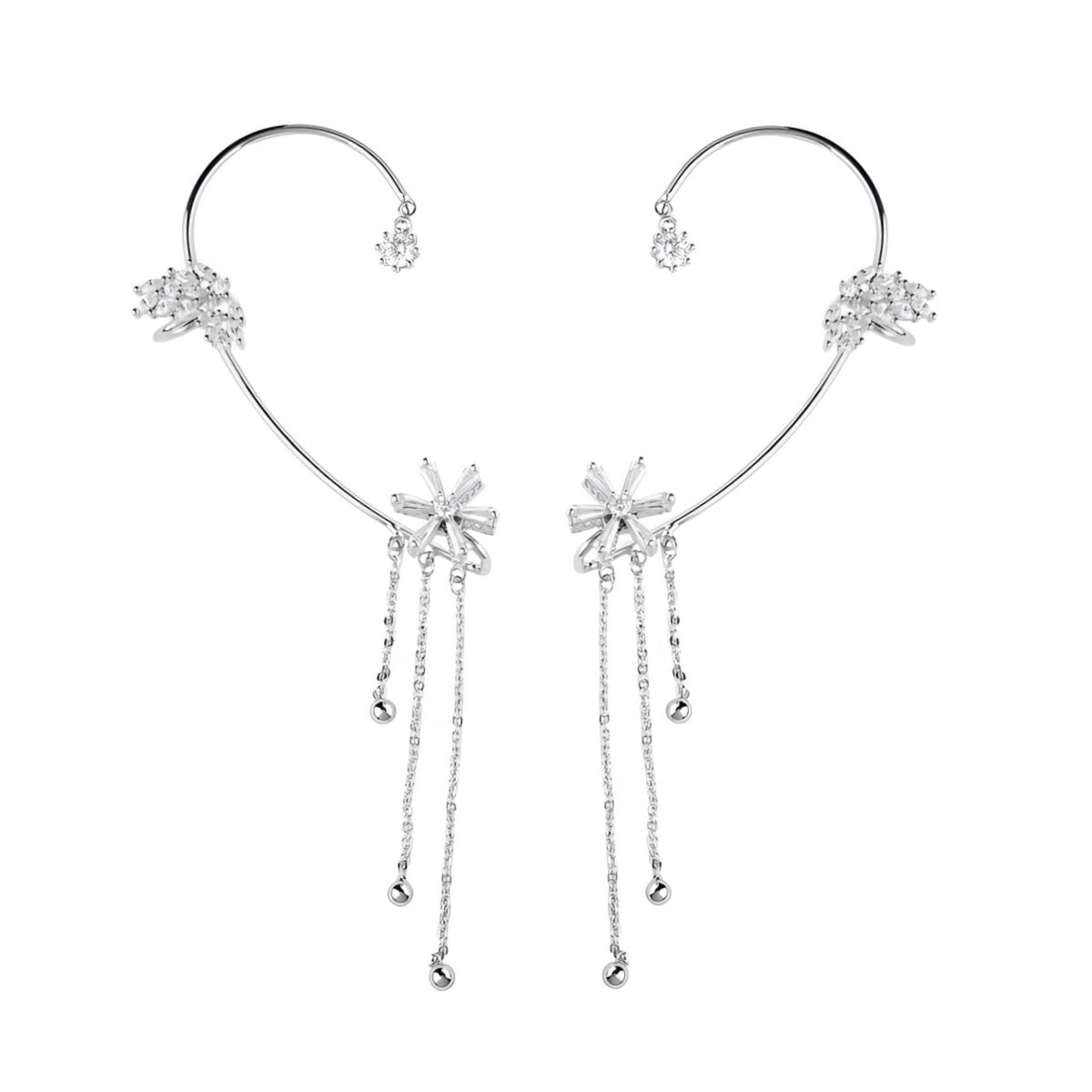 Rotating Floral Tassel Ear Cuffs displayed on a white background