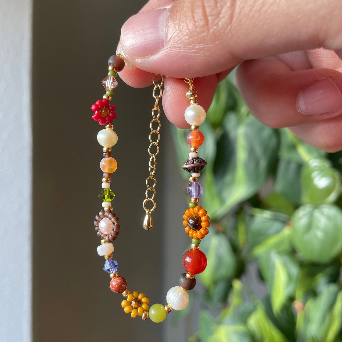 Handmade adjustable boho bracelet with vibrant beads