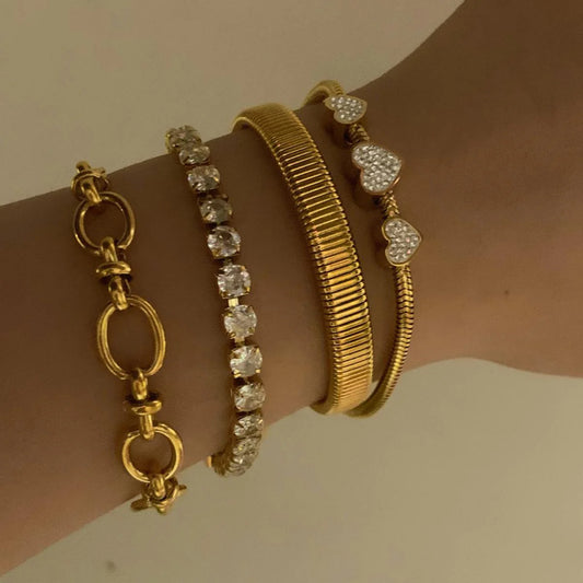 Stackable Combination Diamond-Set Heart Stainless Steel Bracelet