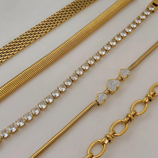 Stackable Combination Diamond-Set Heart Stainless Steel Bracelet