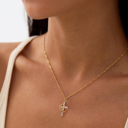 14K Gold Crown Cross Pendant Necklace with adjustable chain