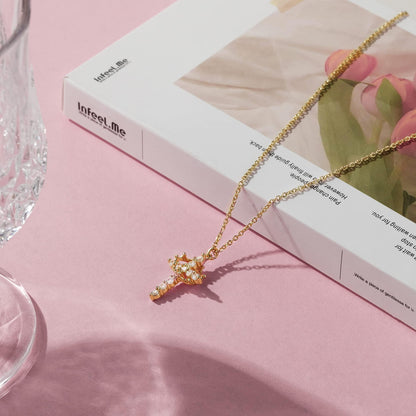 Elegant 14K Gold Crown Cross Pendant Necklace suitable for special occasions