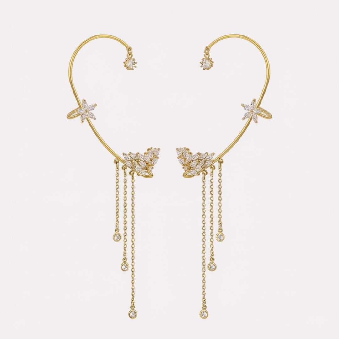Gold tassel butterfly ear cuff with celestial design