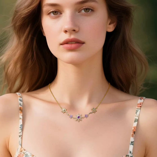 Women wearing Fairy Tale Sunflower Necklace with purple gemstone