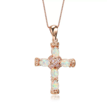 18K Gold Plated Opal Cross Pendant Necklace with Chain | CotaJewelry