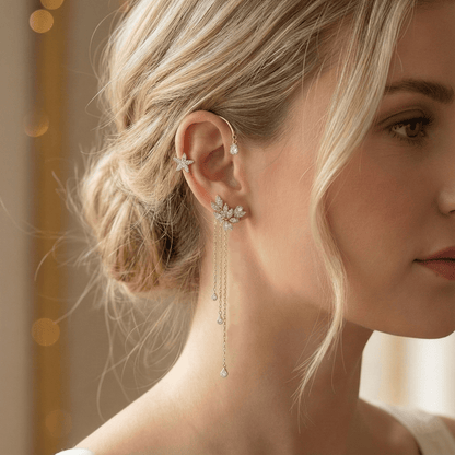 Model wearing gold butterfly ear cuff 