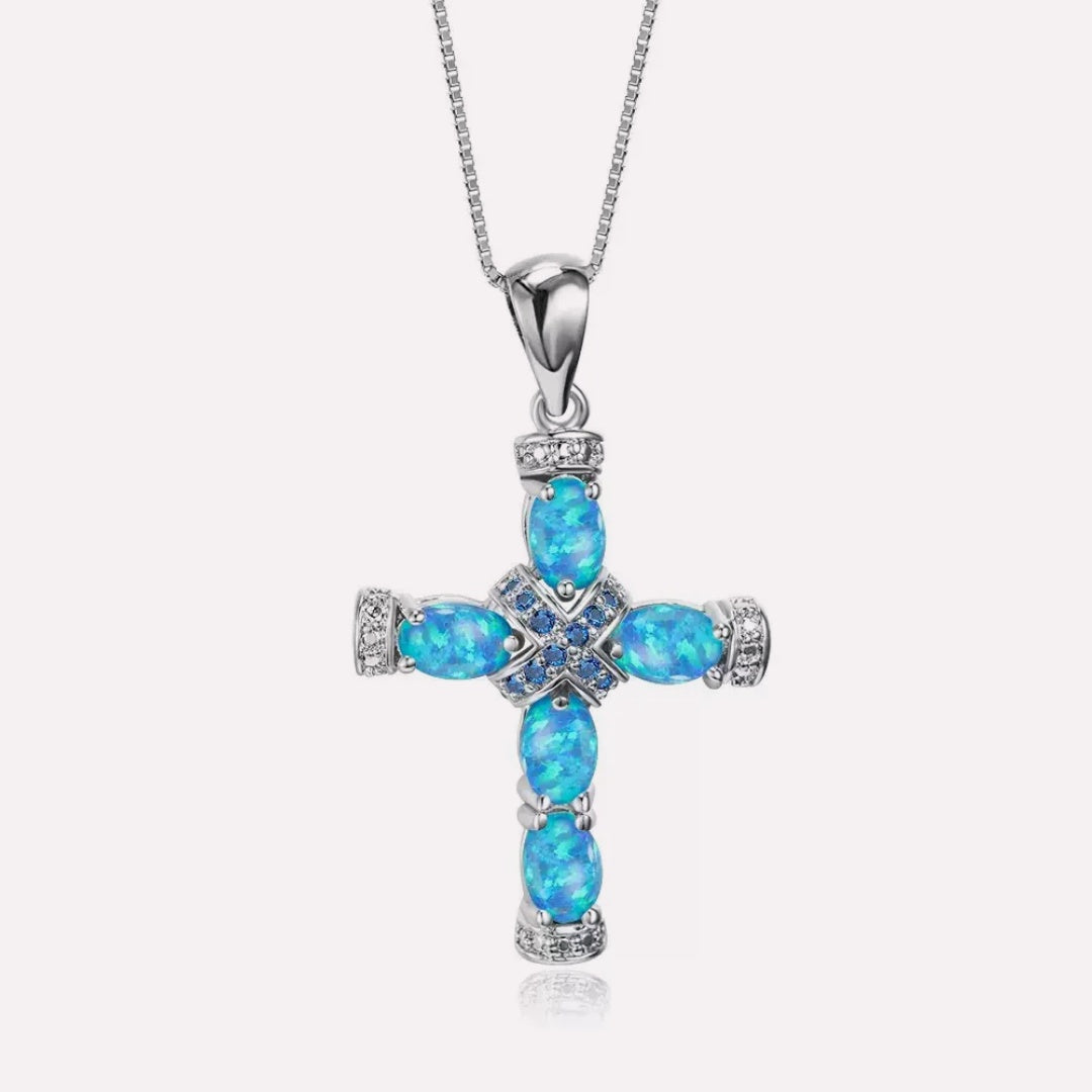 18K gold plated opal cross pendant necklace with created opal, elegant faith-inspired jewelry