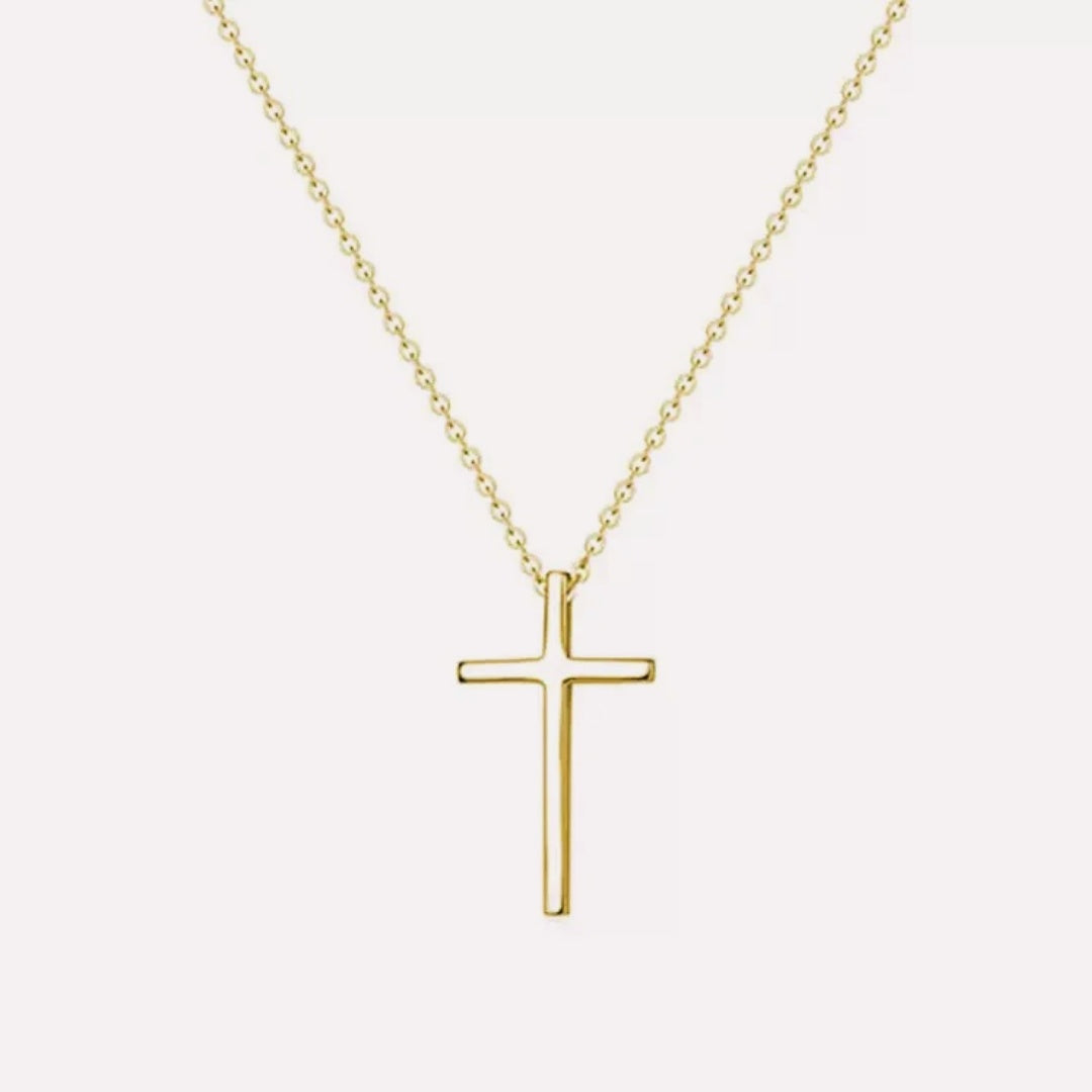 Minimalist gold cross necklace with polished gold-plated brass and adjustable chain