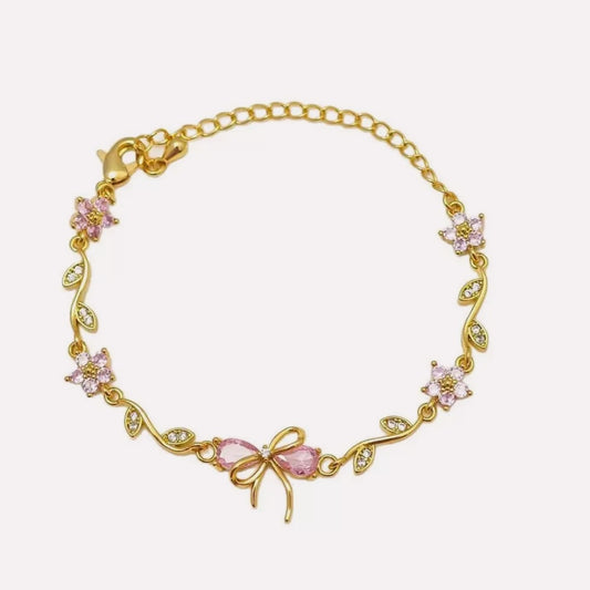 Luxury bow zircon bracelet with cubic zirconia stones and gold-plated copper finish