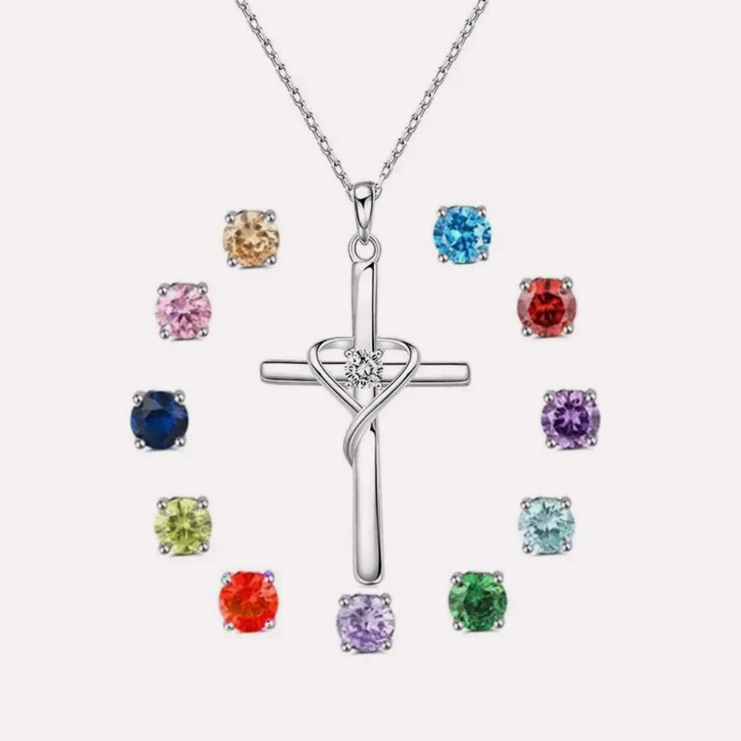 925 sterling silver birthstone cross necklace with minimalist design and polished finish