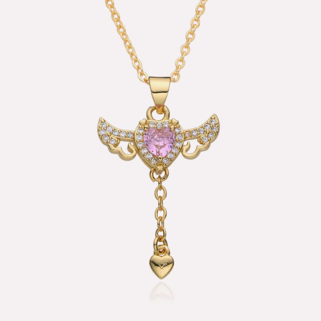 Angel Wing Necklace with movable pendant and cubic zirconia inlay