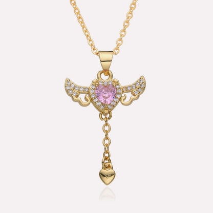 Angel Wing Necklace with movable pendant and cubic zirconia inlay