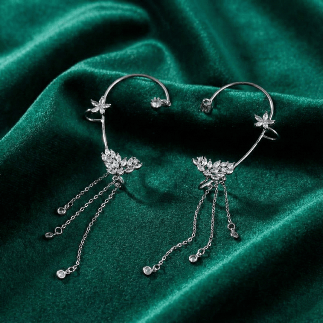 Silver butterfly ear cuff with dangling tassels