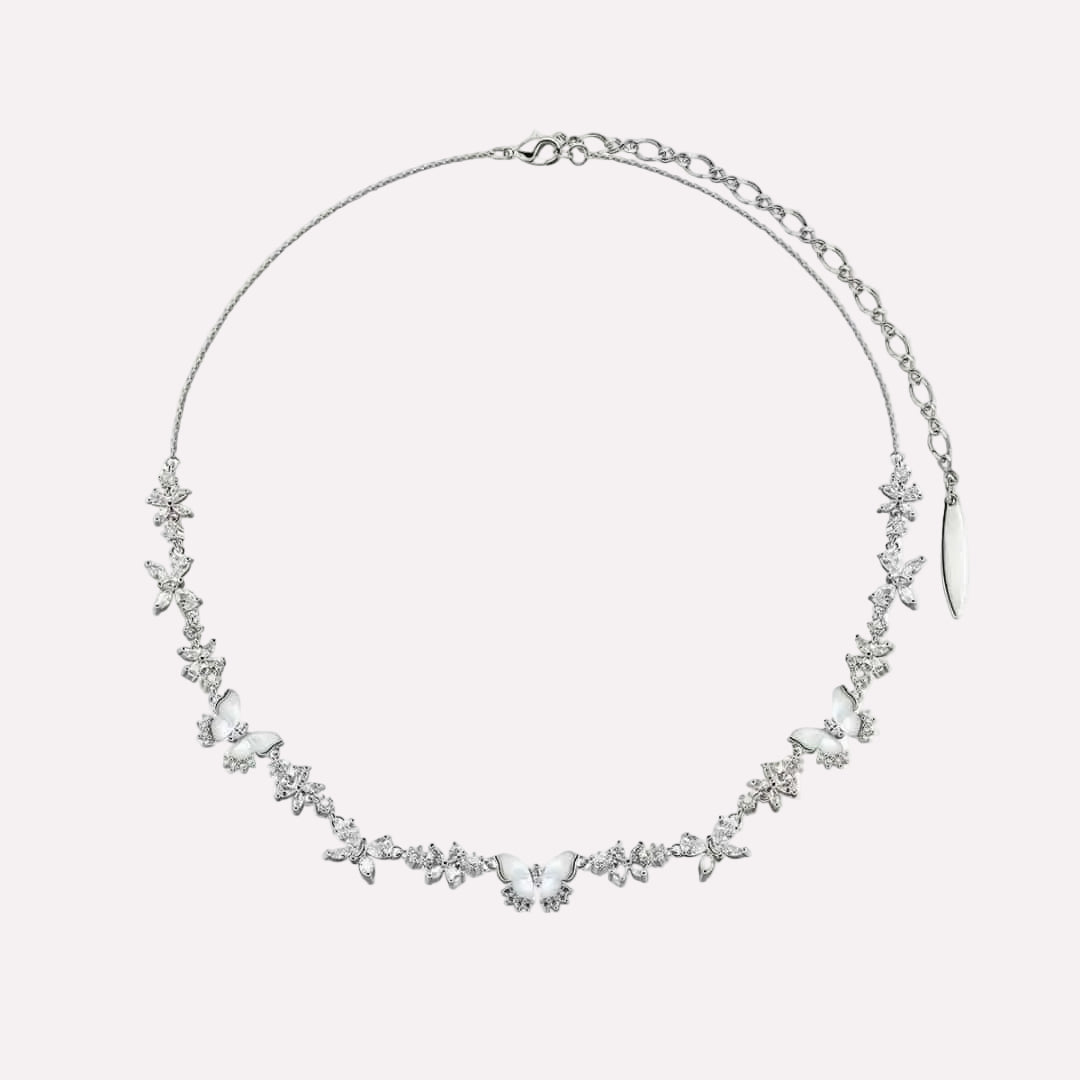 CotaJewelry Butterfly Necklace in white gold plating with mother of pearl and cubic zirconia