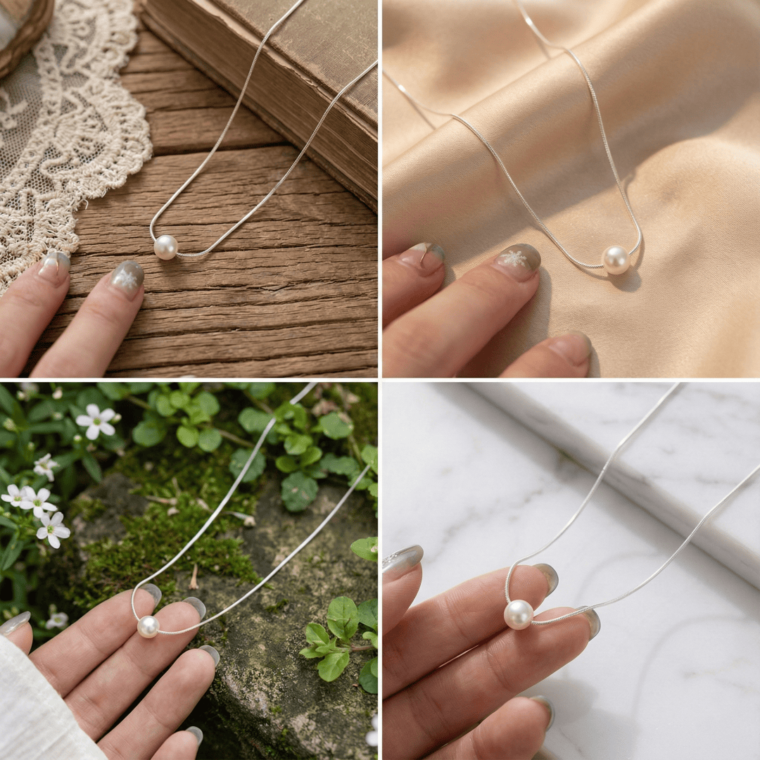 Close-up of Eternal Pearl Necklace showing lustrous pearls and polished gold-plated details