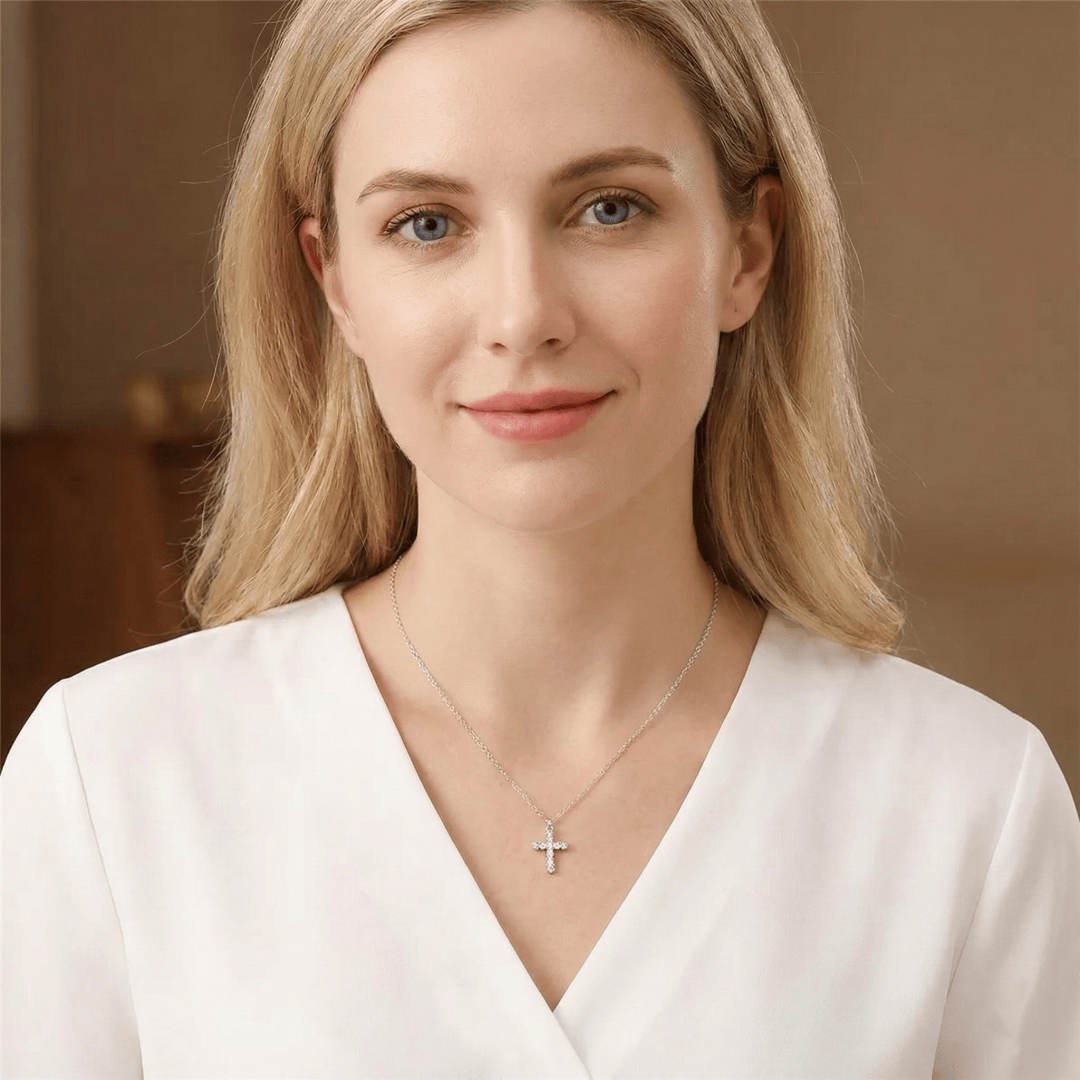 Model wearing genuine 14K gold cross necklace, timeless faith jewelry for everyday elegance