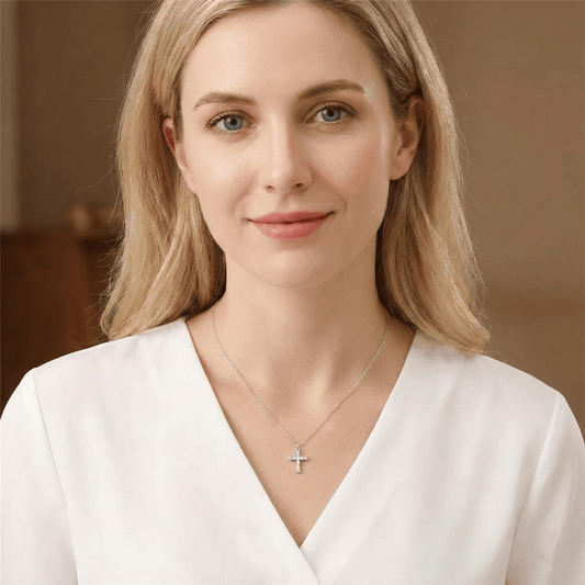Model wearing genuine 14K gold cross necklace, timeless faith jewelry for everyday elegance