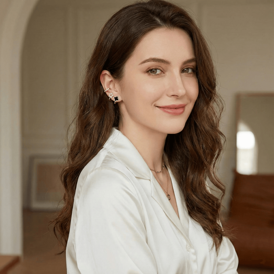 Model wearing Four-Leaf Clover Stud Earrings showcasing delicate lucky clover design