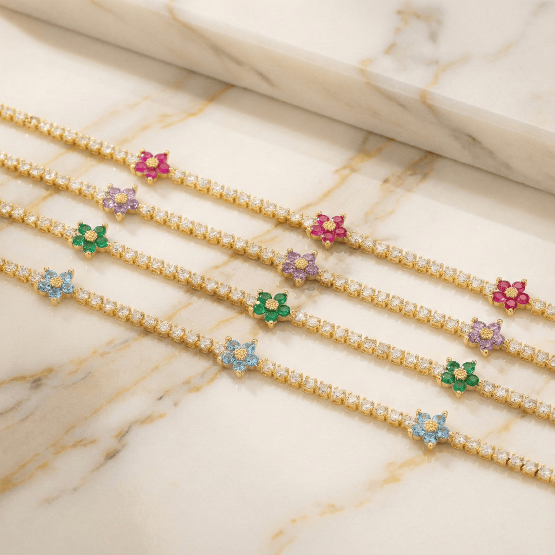 Close-up of CotaJewelry Flower Tennis Bracelet sparkling under light
